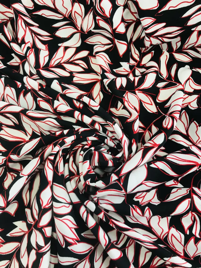 Polyester Linen like printed fabric H&m style BLACK RED LEAF