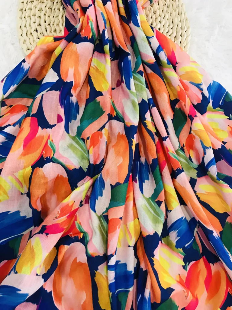 Polyester Spun Linen Like Fabric with tulips print design
