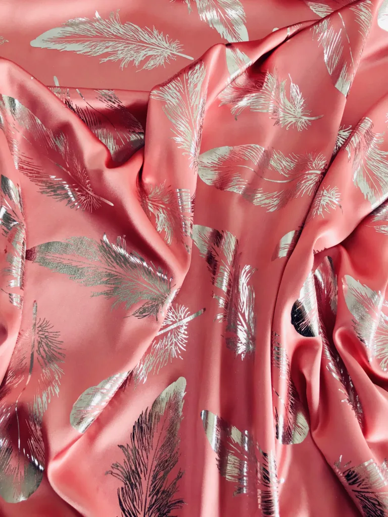 Stretch Satin with Foil Printing feather design
