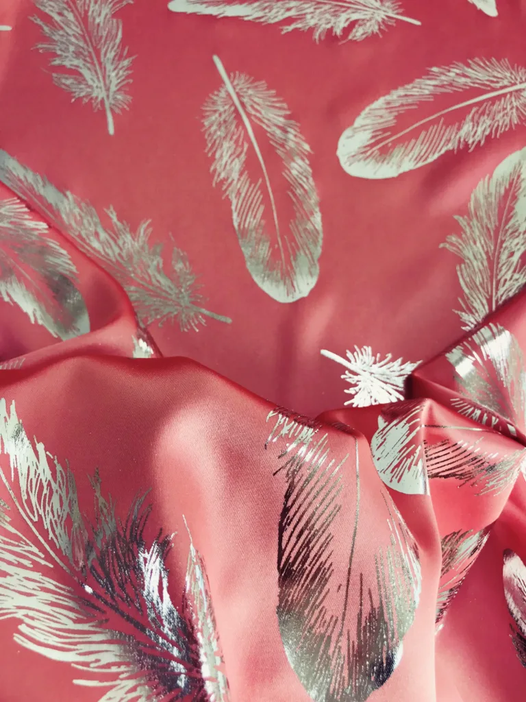 Stretch Satin with Foil Printing feather design (2)