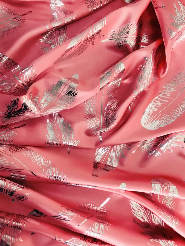 Stretch Satin with Foil Printing feather design